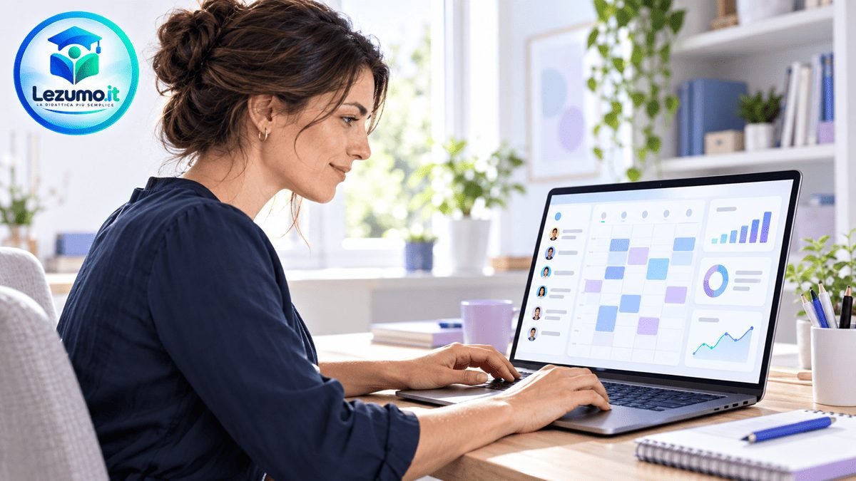 Insegnante al laptop con calendario delle lezioni, elenco studenti e grafici nella dashboard, con logo Lezumo in alto a sinistra.