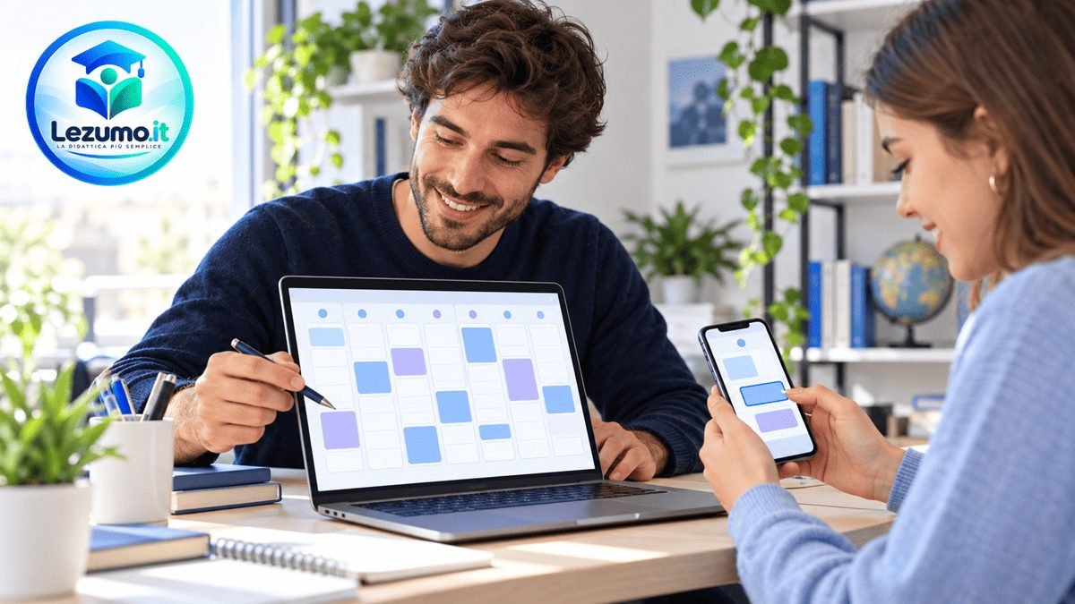 Insegnante privato organizza le ripetizioni su un calendario digitale, mentre una studentessa prenota una lezione dallo smartphone