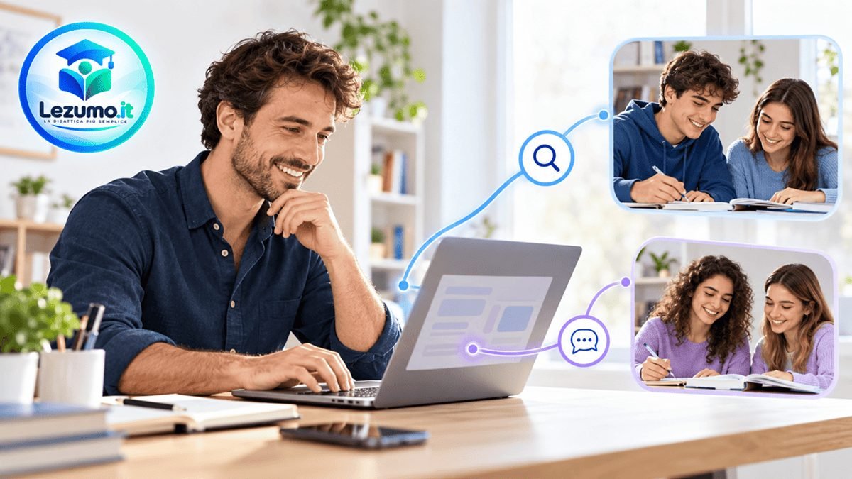 Tutor al laptop collegato a due gruppi di studenti da linee grafiche con icone di ricerca e messaggi, con logo Lezumo