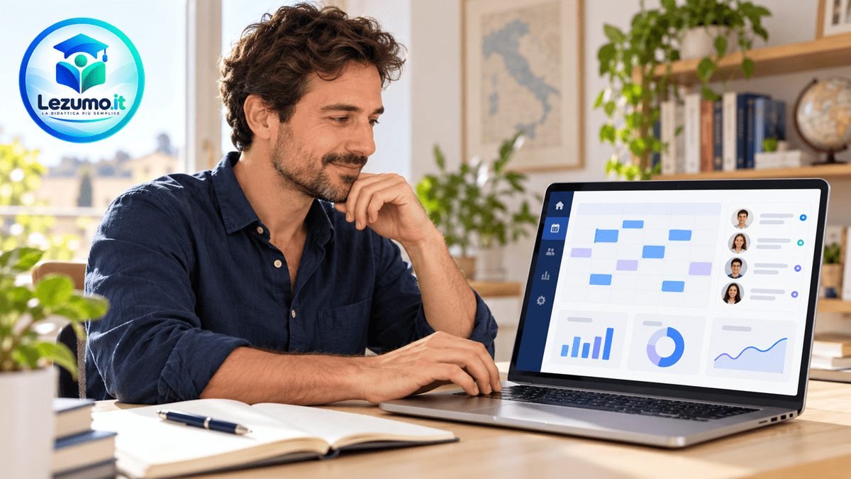 Tutor usa un gestionale per ripetizioni sul laptop, con calendario a blocchi, elenco studenti e grafici riepilogativi