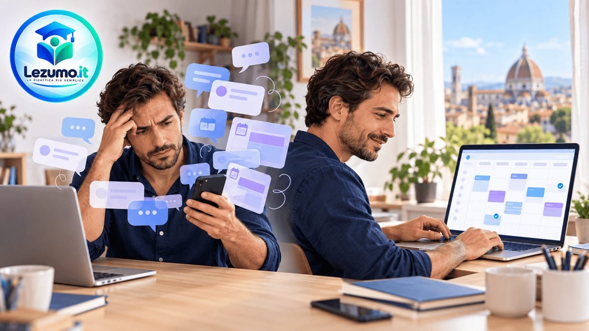 Tutor in due scene: a sinistra smartphone e messaggi sovrapposti, a destra un calendario ordinato sul laptop.