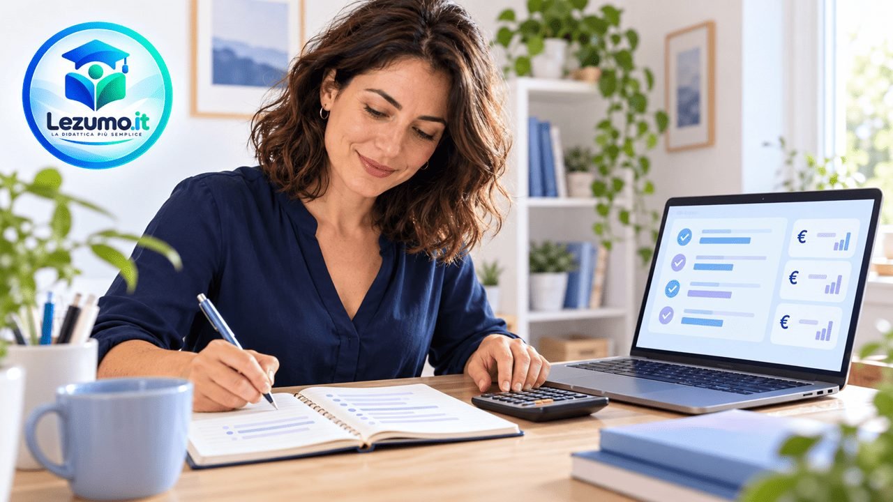 Tutor alla scrivania calcola le tariffe delle ripetizioni con taccuino e calcolatrice, accanto a un laptop con riepilogo di lezioni e pagamenti.